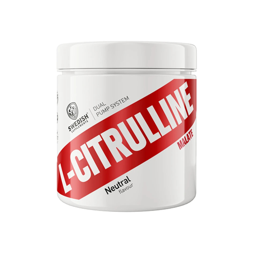 Swedish Supplements Citrulline Malate 250 g smakfritt aminosyrapulver i en vit burk med rött band.