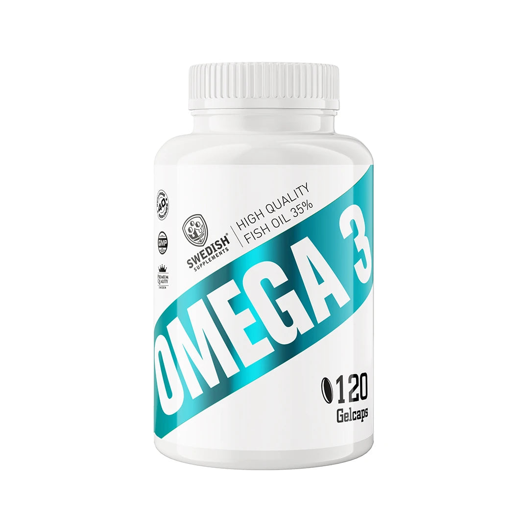 En vit burk med turkos text för Swedish Supplements Omega 3 120 caps kosttillskott med fiskolja.