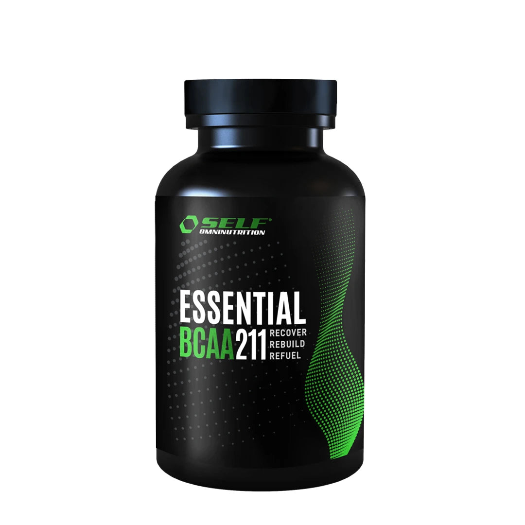 Self Omninutrition Essential BCAA 211 100 tabs förpackad i en svart burk med gröna grafiska detaljer.