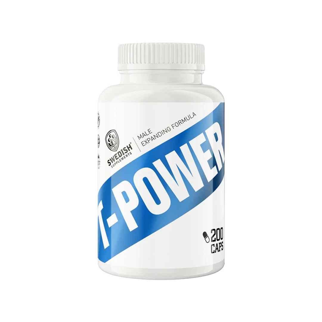 En vit burk med blå text för testo-boostern Swedish Supplements T-Power 200 caps.