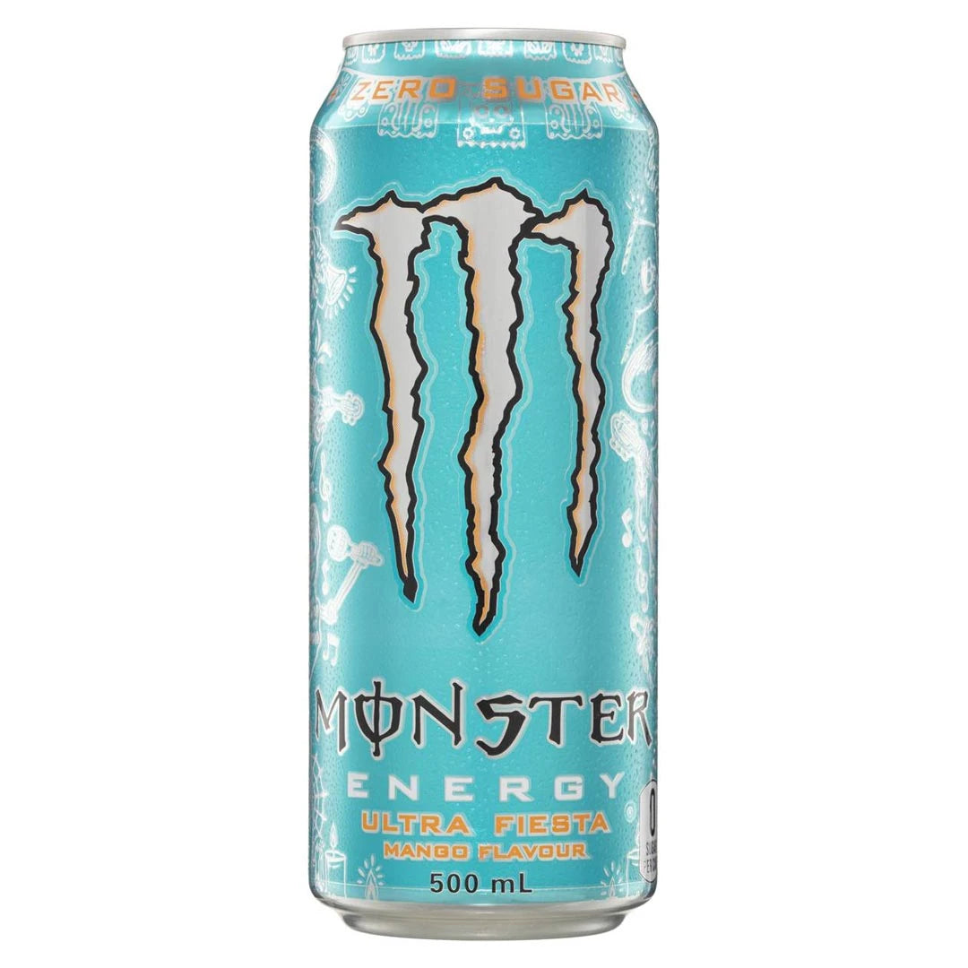 Monster Energy 500 ml i en turkos metallburk med vita detaljer för den sockerfria smaken Ultra Fiesta Mango.