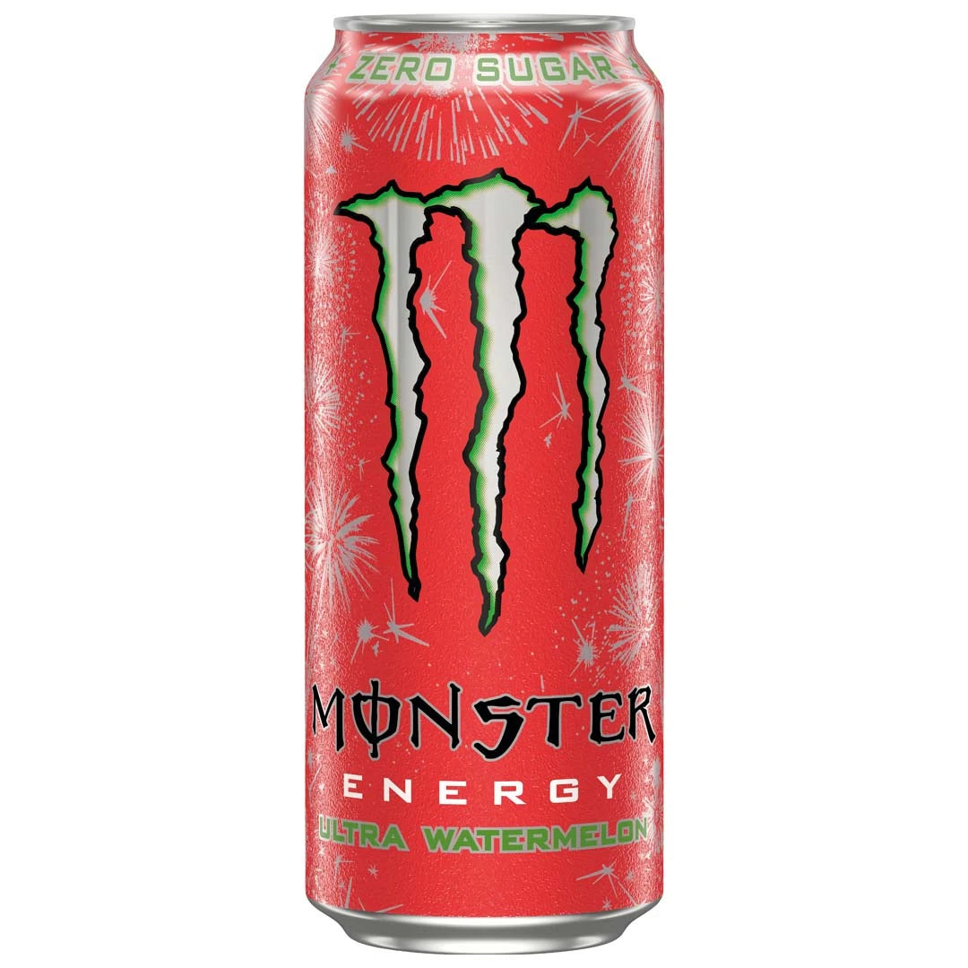 Monster Energy 500 ml i en röd burk med silvermönster för den sockerfria smaken Ultra Watermelon., bild 4 av 19