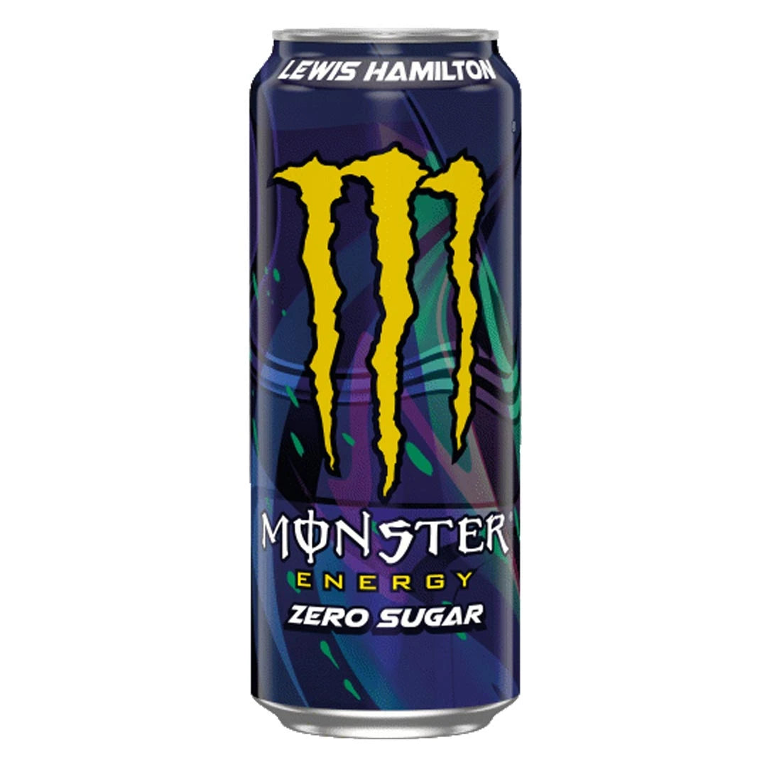 Monster Energy 500 ml i en mörkblå burk med gult m-märke för smaken Lewis Hamilton Zero Sugar., bild 5 av 19