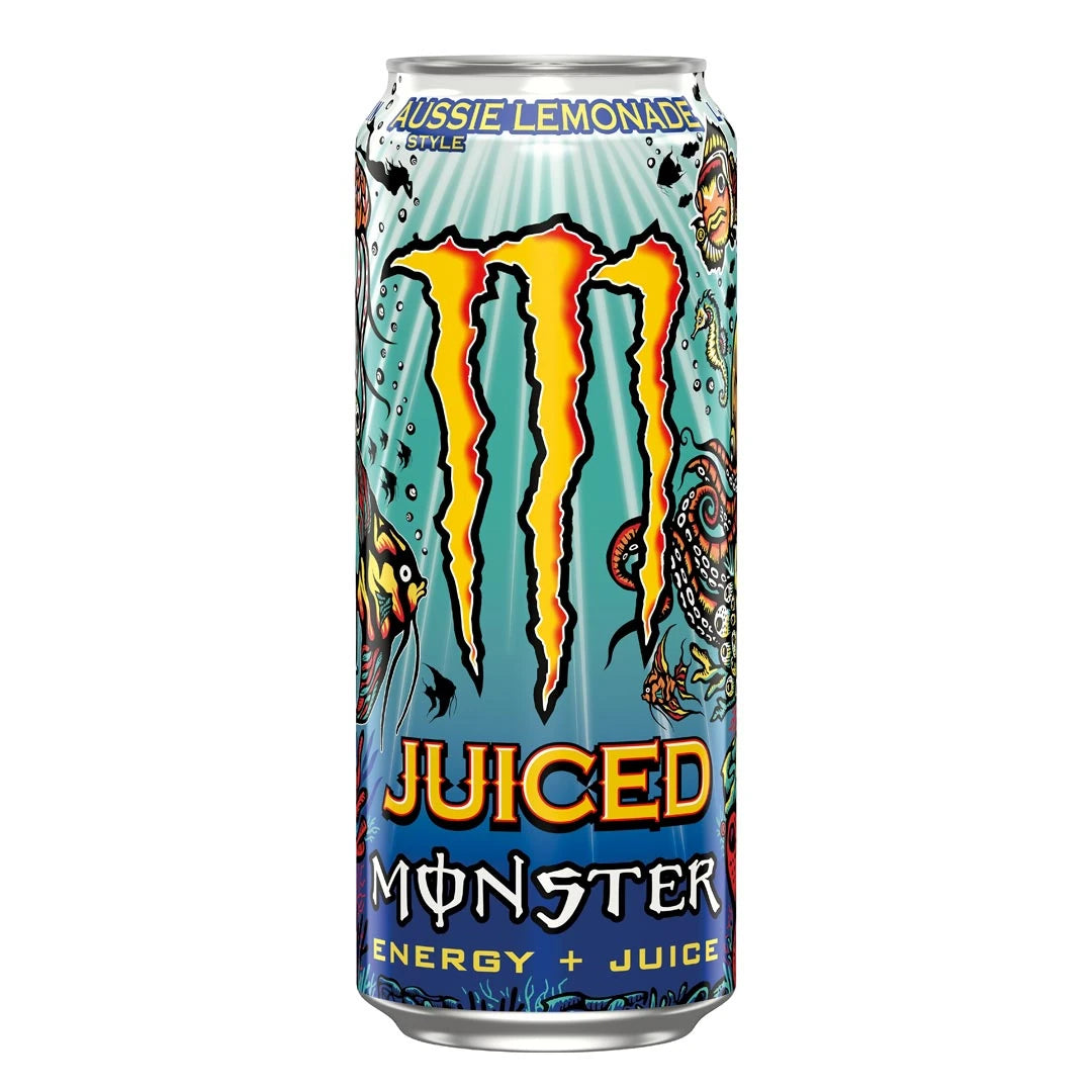 Monster Energy 500 ml i en ljusblå burk med undervattensmotiv för smaken Aussie Lemonade., bild 7 av 19