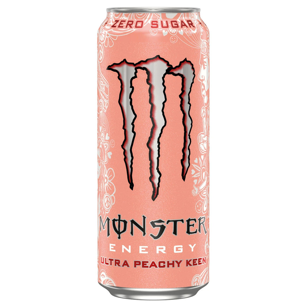 Monster Energy 500 ml energidryck i en persikofärgad burk med silvriga detaljer för smaken Ultra Peachy Keen., bild 9 av 19
