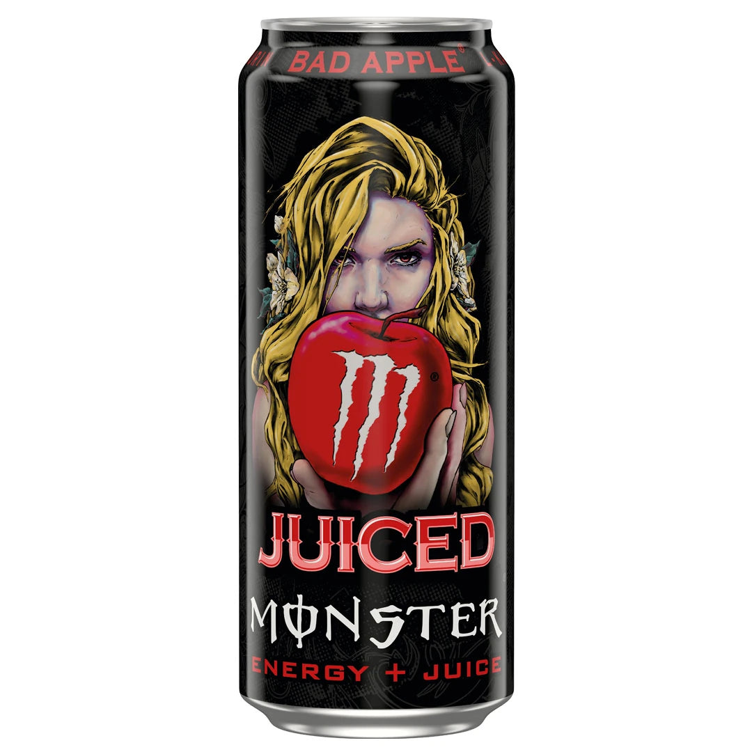 Monster Energy 500 ml i en svart burk med motiv av en kvinna och ett rött äpple för smaken Juiced Bad Apple., bild 10 av 19