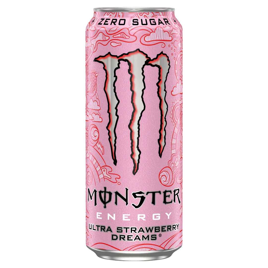 Monster Energy 500 ml i en rosa mönstrad burk för den sockerfria smaken Ultra Strawberry Dreams., bild 11 av 19