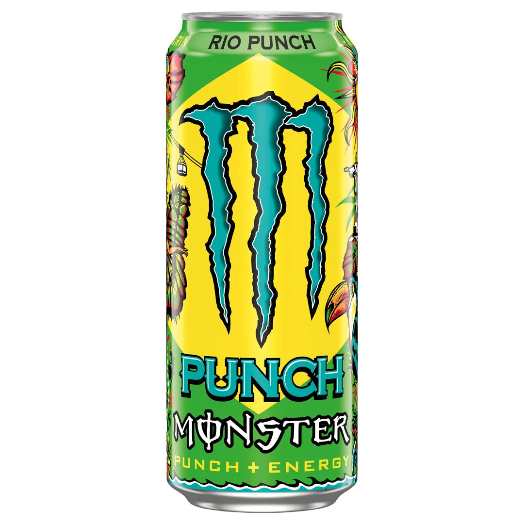 Monster Energy 500 ml kolsyrad dryck i en gul och grön burk för smaken Juiced Rio Punch., bild 13 av 19