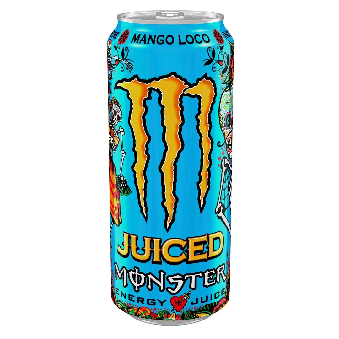 Monster Energy 500 ml i en ljusblå burk med färgstarkt dödskallemönster för smaken Mango Loco., bild 18 av 19