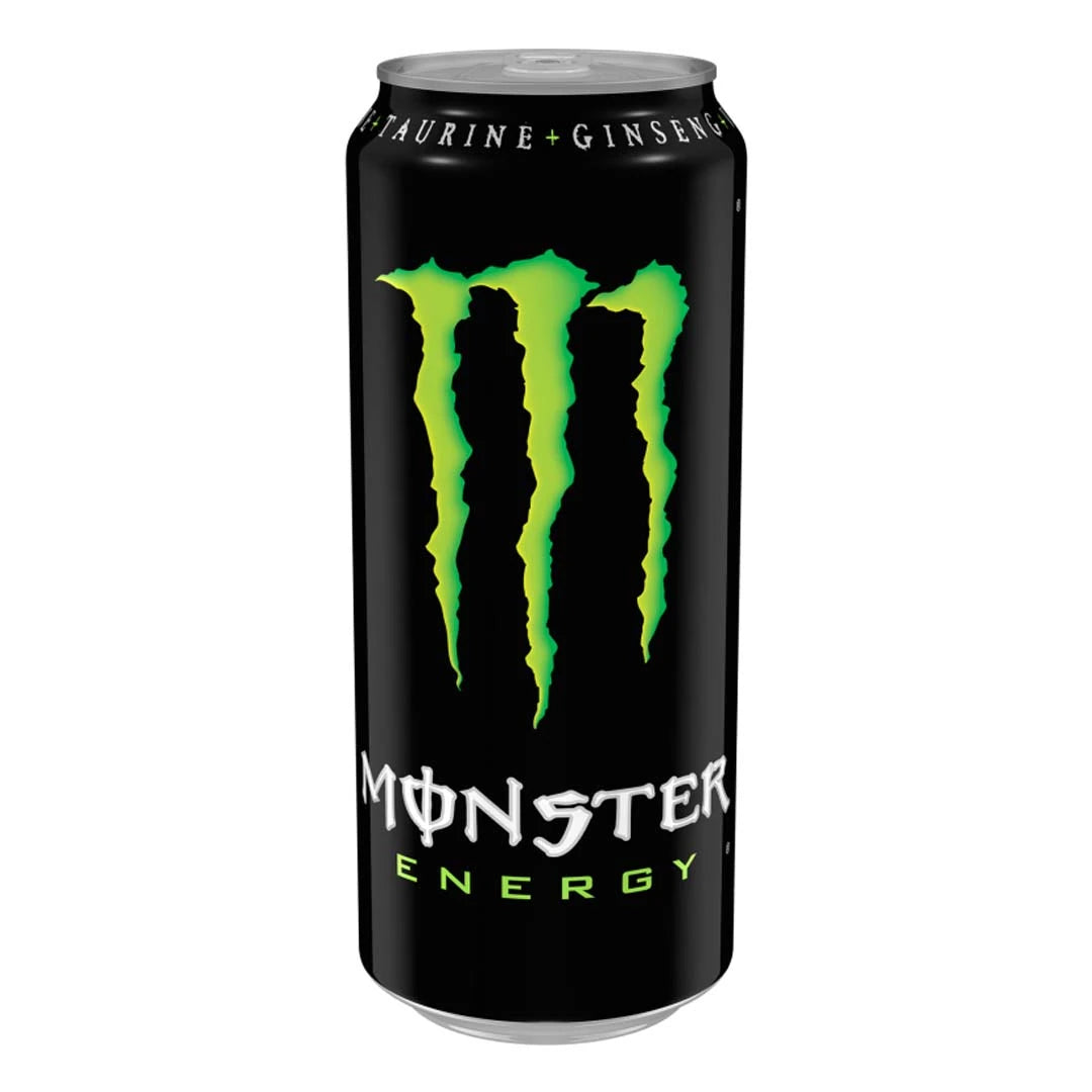 Svart burk med grön logotyp innehållande Monster Energy 500 ml energidryck i smaken Original.