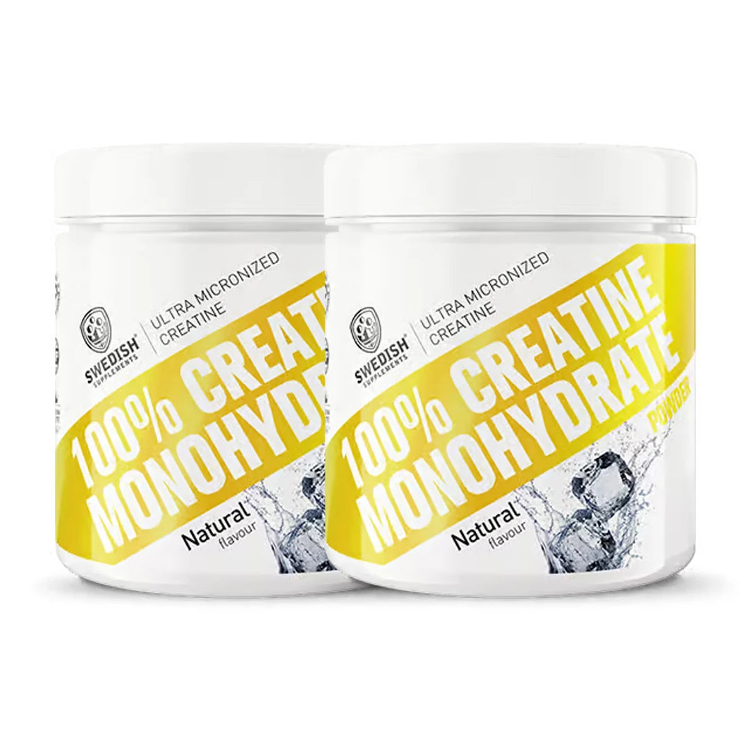 2 x Swedish Supplements Creatine Monohydrate 250 g i två vita burkar med gula detaljer i smaken Natural., bild 1 av 1