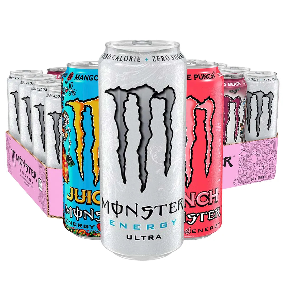 24 x Monster Energy 500 ml Mixflak med flera olika färgglada energidrycksburkar i en lila kartong.