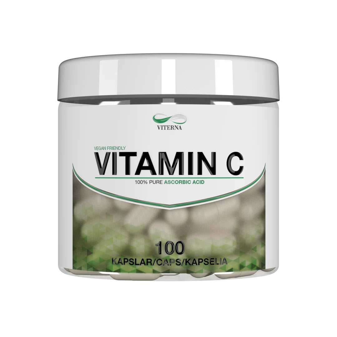 Viterna Vitamin C 100 caps, ett veganskt kosttillskott i en vit plastburk med gröna detaljer.