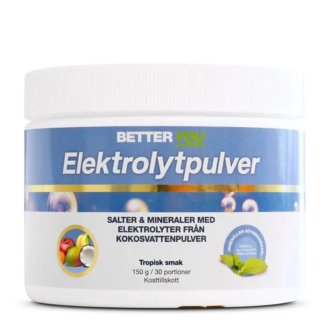 Better You Elektrolytpulver 150 g i en vit burk med blå etikett för smaken Tropisk.