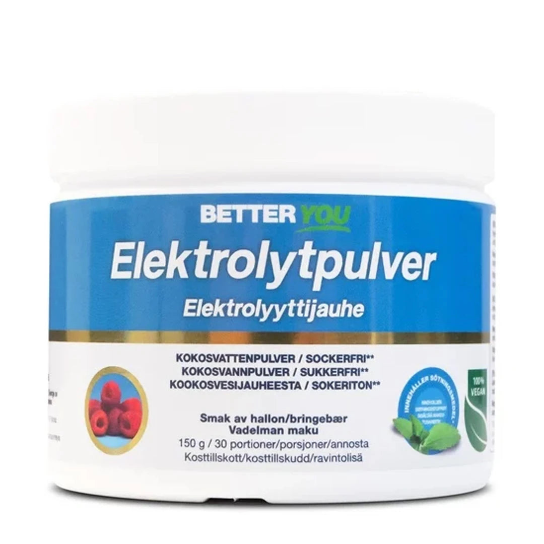 Better You Elektrolytpulver 150 g i en vit burk med blå etikett för smaken Hallon., bild 3 av 3