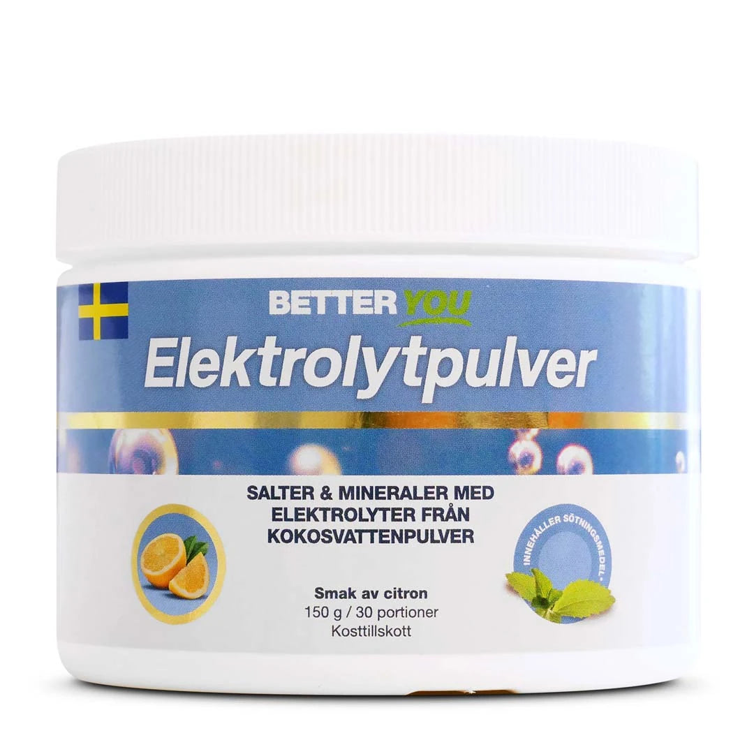 En vit burk med Better You Elektrolytpulver 150 g i smaken citron med blå etikett.