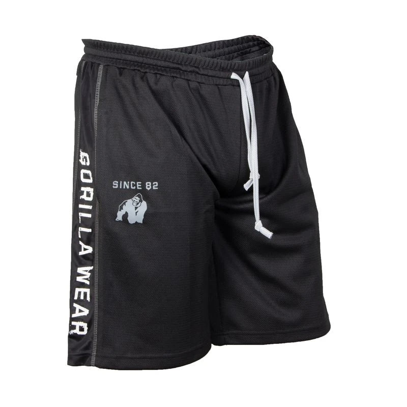 Gorilla Wear Functional Mesh Shorts Svart/Vit är svarta träningsshorts i luftig mesh med vit dragsko och logga., bild 2 av 4