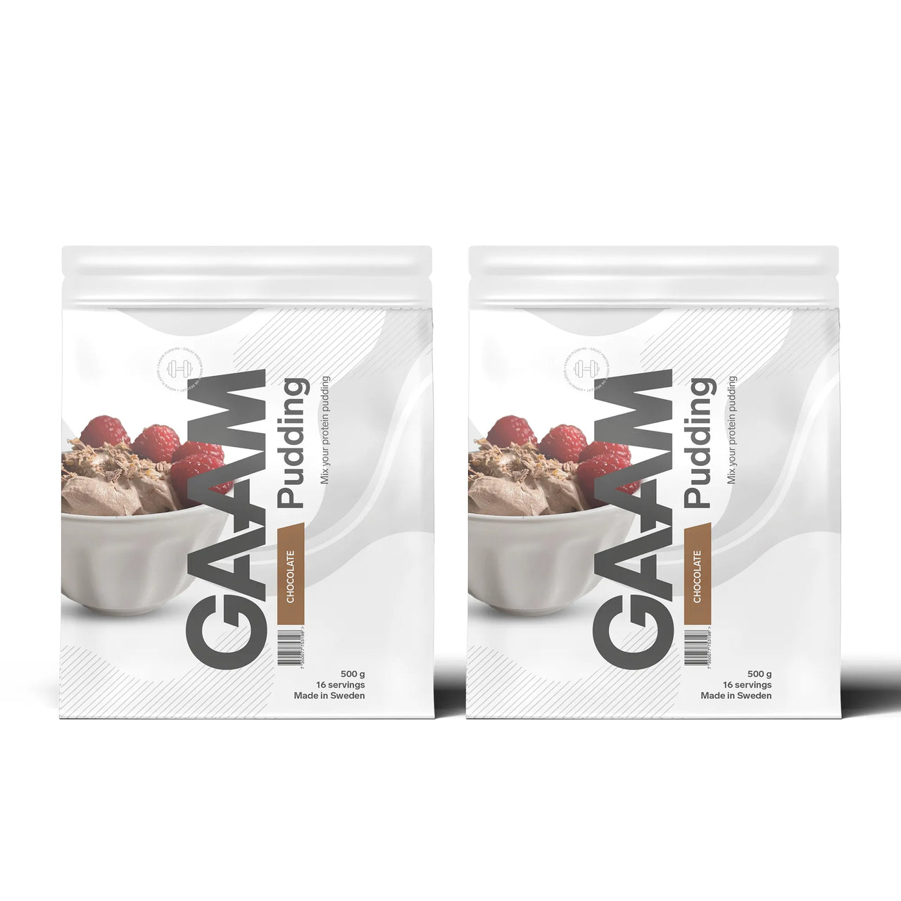 2 x GAAM Pudding 500 g proteinpudding i två vita påsar med bruna detaljer för smaken choklad.