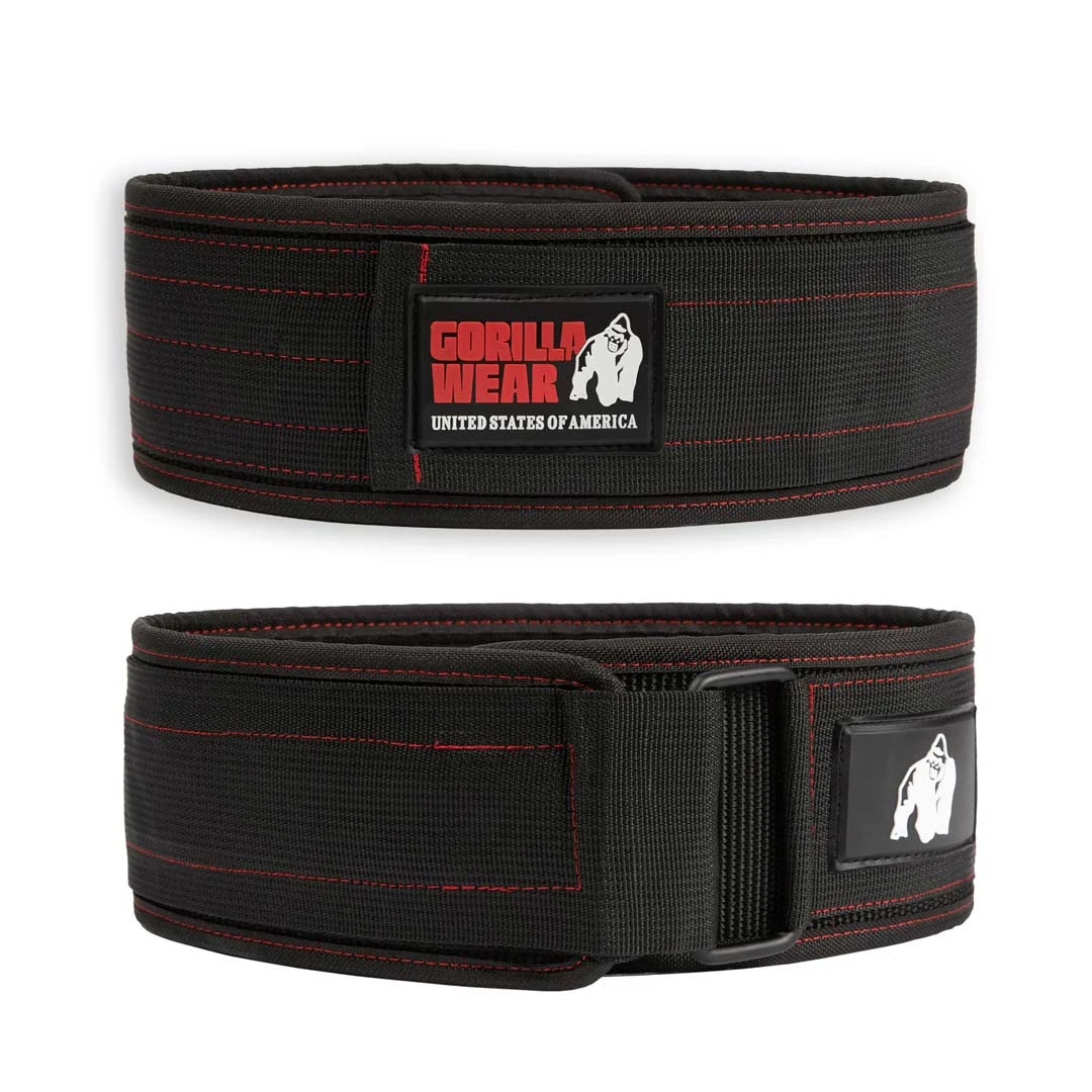 Gorilla Wear 4 Inch Nylon Belt Black/Red, ett svart lyftarbälte i nylon med röda detaljer och spänne.