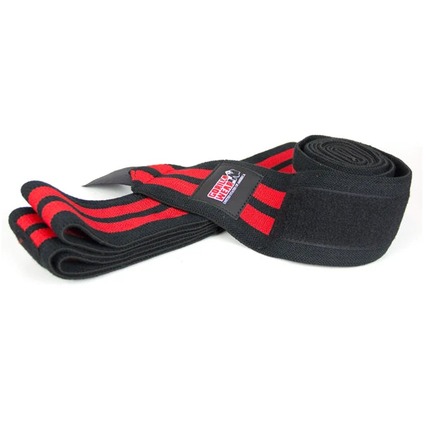 Svarta knälindor med röda ränder, Gorilla Wear Knee Wraps 2.5, med praktiskt kardborreband.