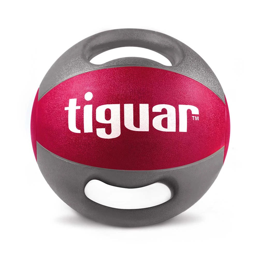 Tiguar Medicinboll Med Handtag 9 kg i röd färg med gråa handtag och mönstrad textur för greppvänlig träning.