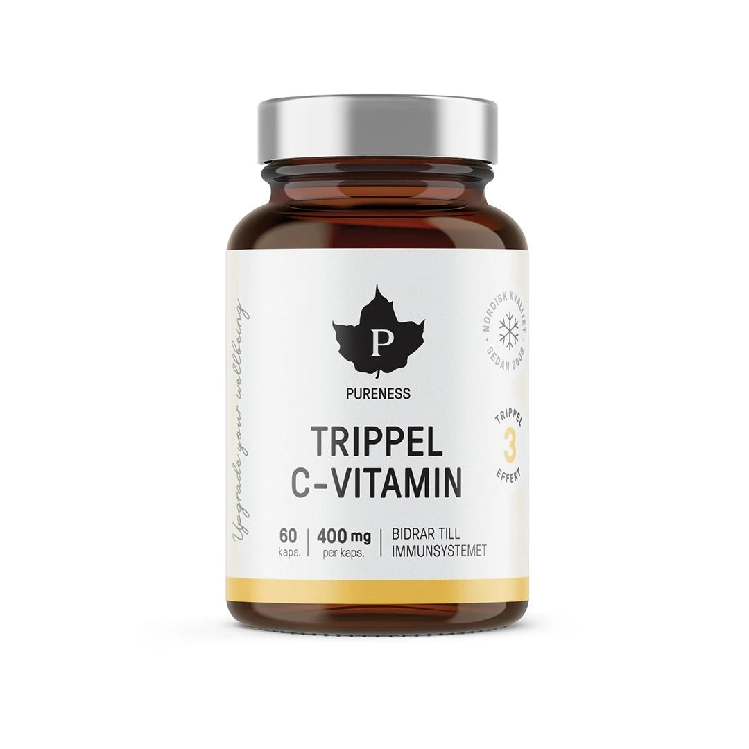 Mörkbrun burk med silverlock innehållande Pureness Trippel C-vitamin 60 caps, med en vit etikett och svarta samt gula detaljer.