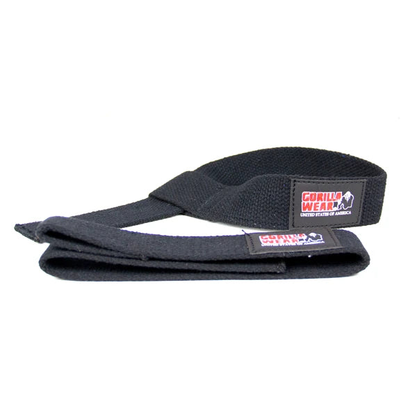 Svarta Gorilla Wear Lifting Straps i slitstark bomull och neopren med logotyp för säkert grepp vid tunga lyft.