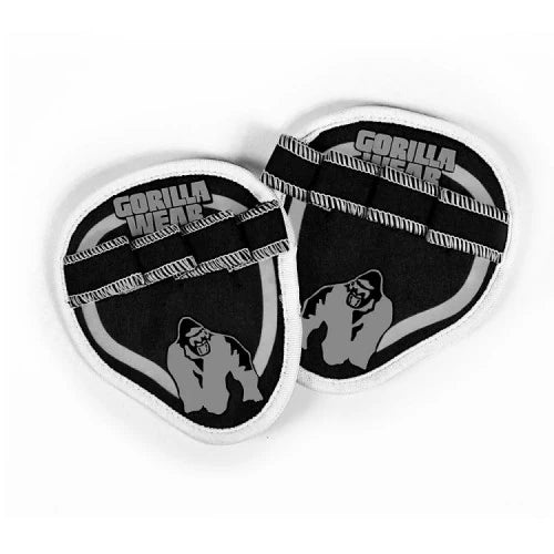 Gorilla Wear Palmgrip Svart, ett par svarta träningsgrepp med vita kanter och logotyp för ett säkert grepp.
