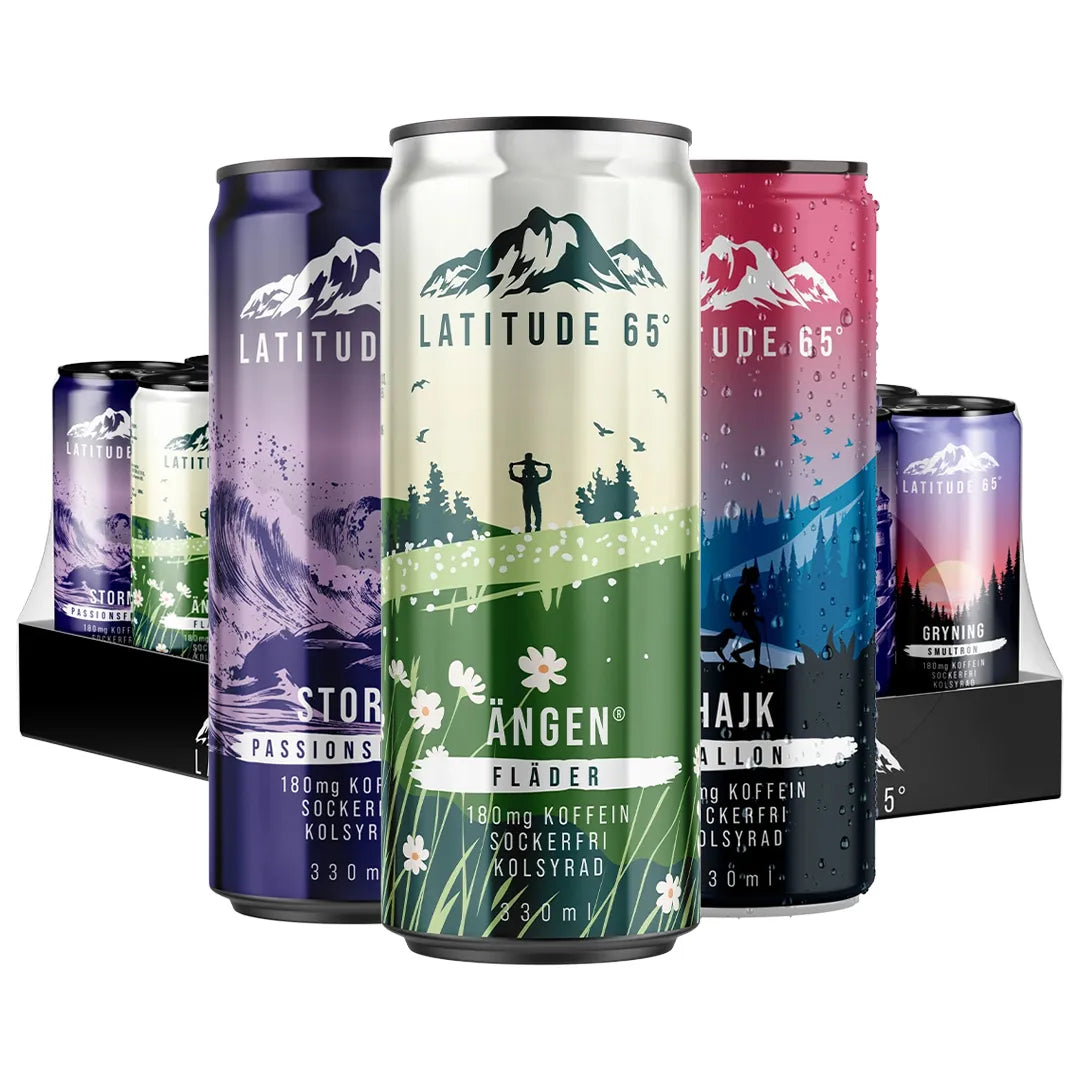24 x Latitude 65 330 ml Mixflak energidryck med olika smaker och färgglada burkar samlade på en svart bricka.