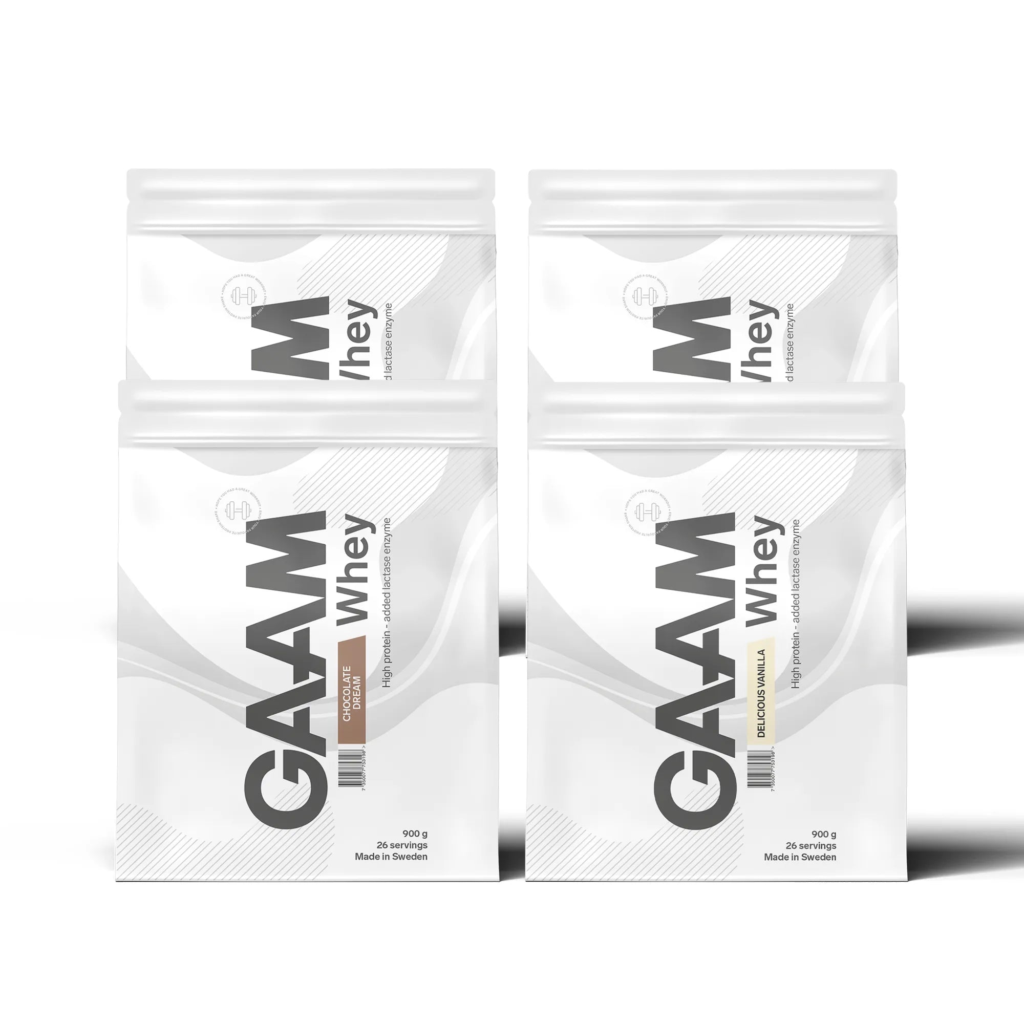 4 x GAAM Whey 900 g proteinpulver i fyra vita påsar för olika smaker som Chocolate Dream och Delicious Vanilla.
