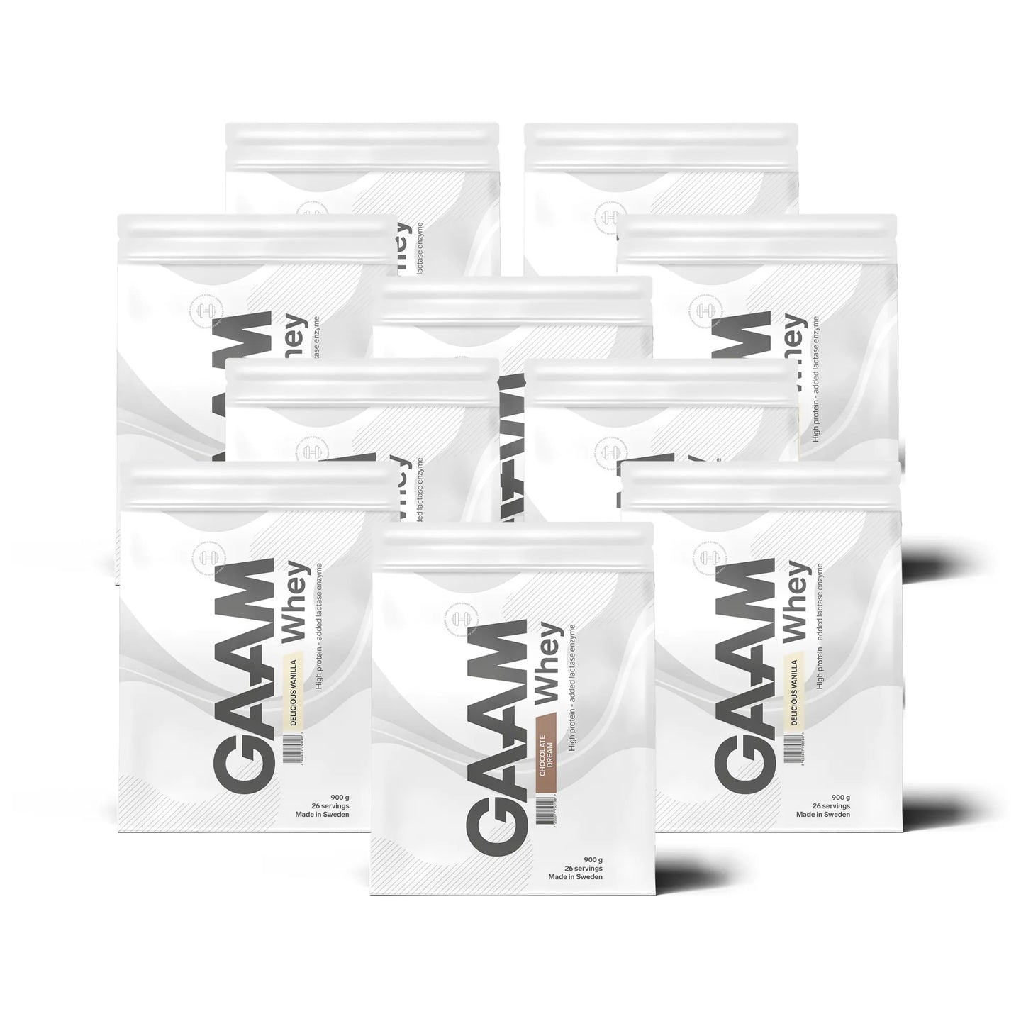 10 x GAAM Whey 900 g proteinpulver i tio vita påsar med gråa detaljer för blandade smaker.