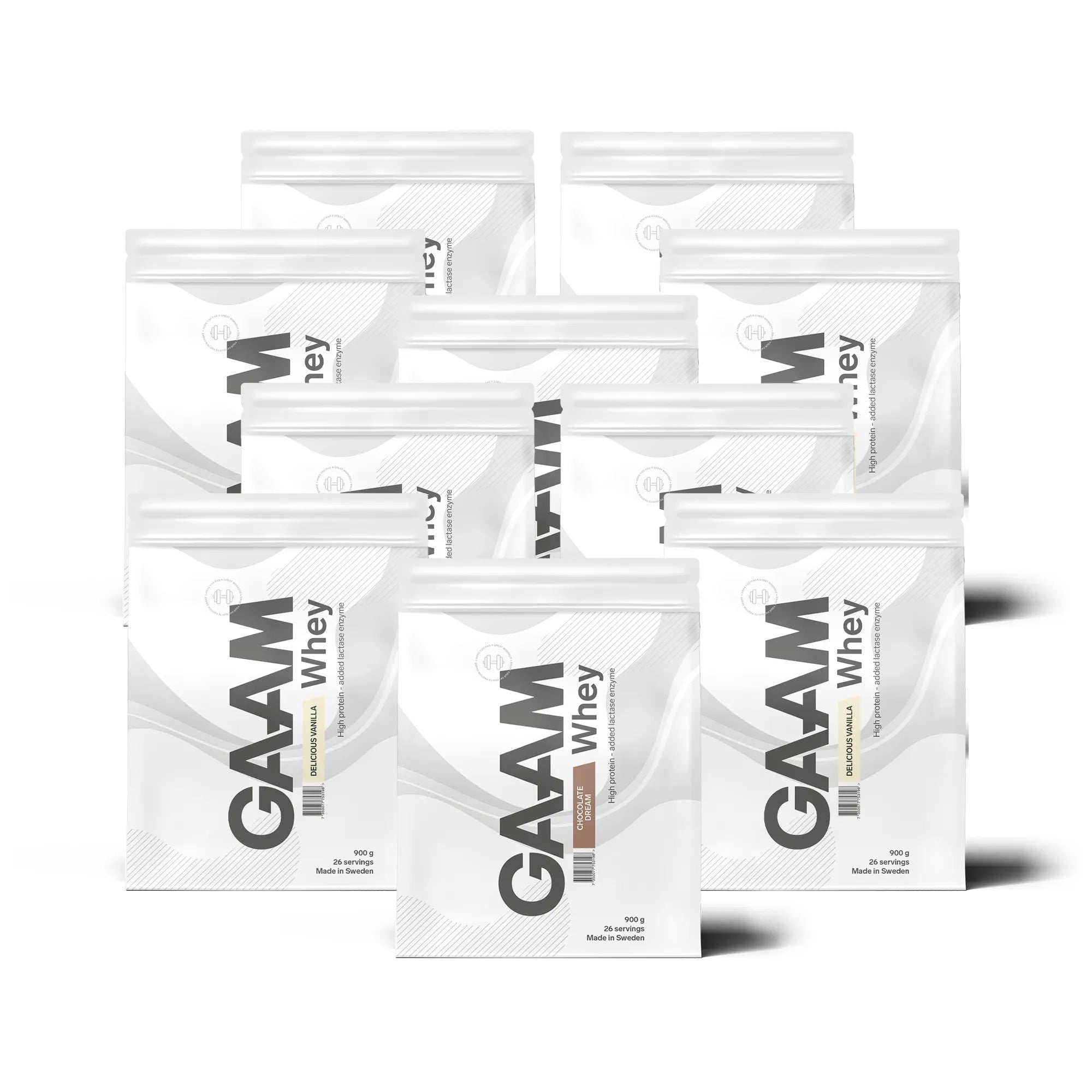 10 x GAAM Whey 900 g proteinpulver i tio vita påsar med gråa detaljer för blandade smaker.