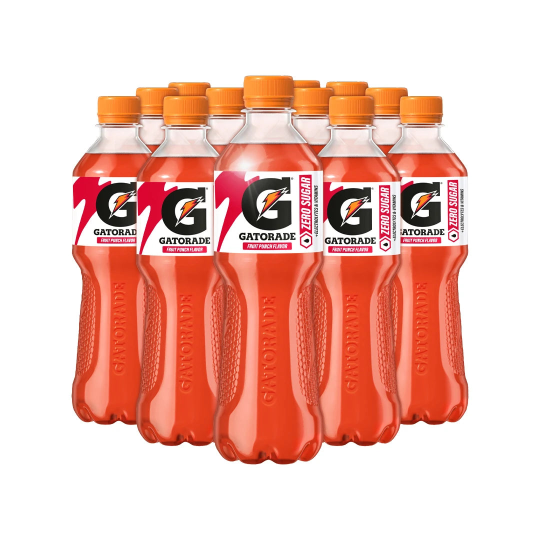12 x Gatorade 500 ml Fruit Punch Zero i transparenta plastflaskor med röd sportdryck och orange skruvkork.