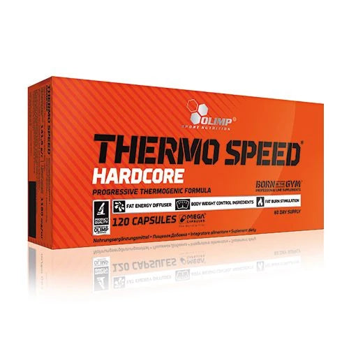 Olimp Thermo Speed Hardcore 120 caps fettförbrännare i en rektangulär orange kartong med svarta och vita textdetaljer.