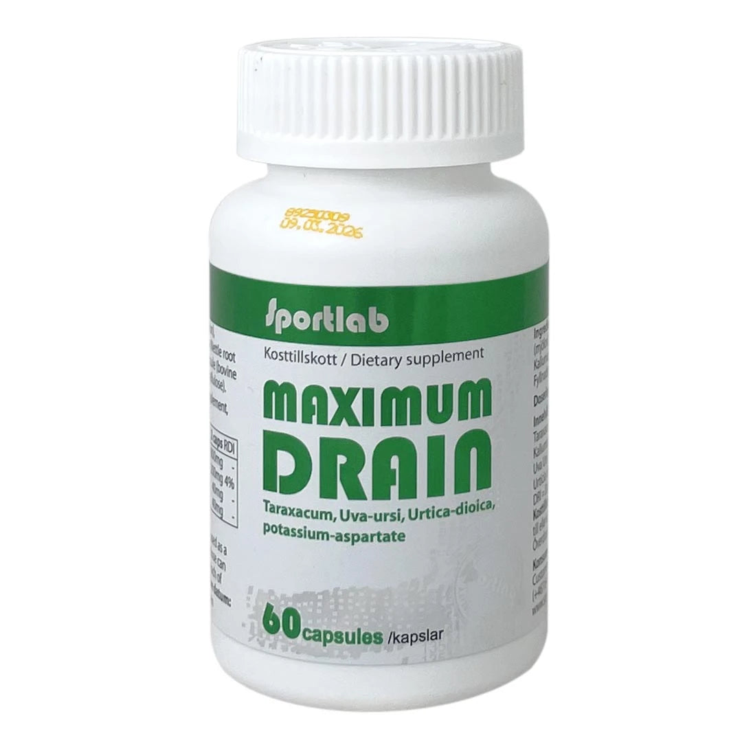 Sportlab Maximum Drain 60 caps, ett vätskedrivande kosttillskott i en vit burk med grön text.
