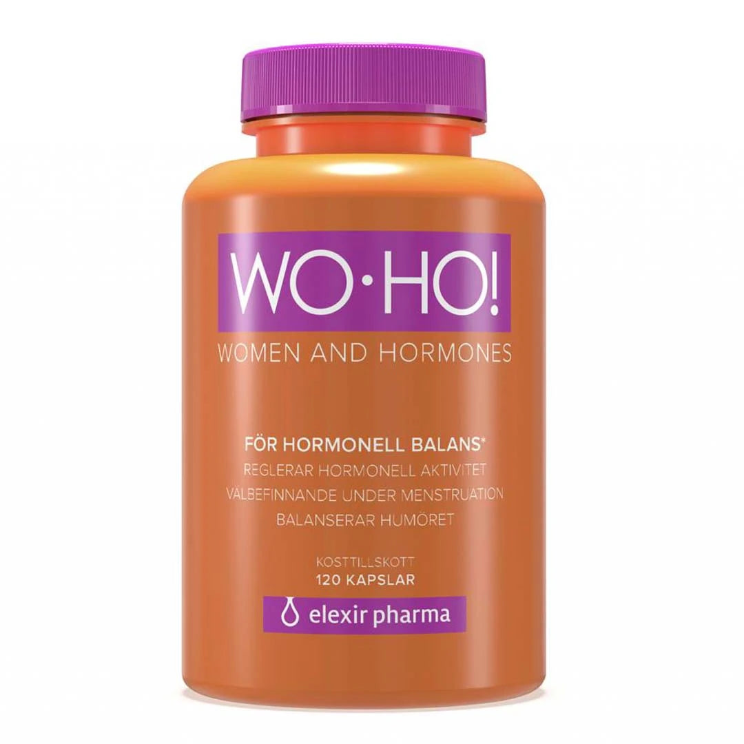En orange burk med lila lock som innehåller Elexir Pharma WoHo! 120 caps, ett kosttillskott för hormonell balans hos kvinnor.