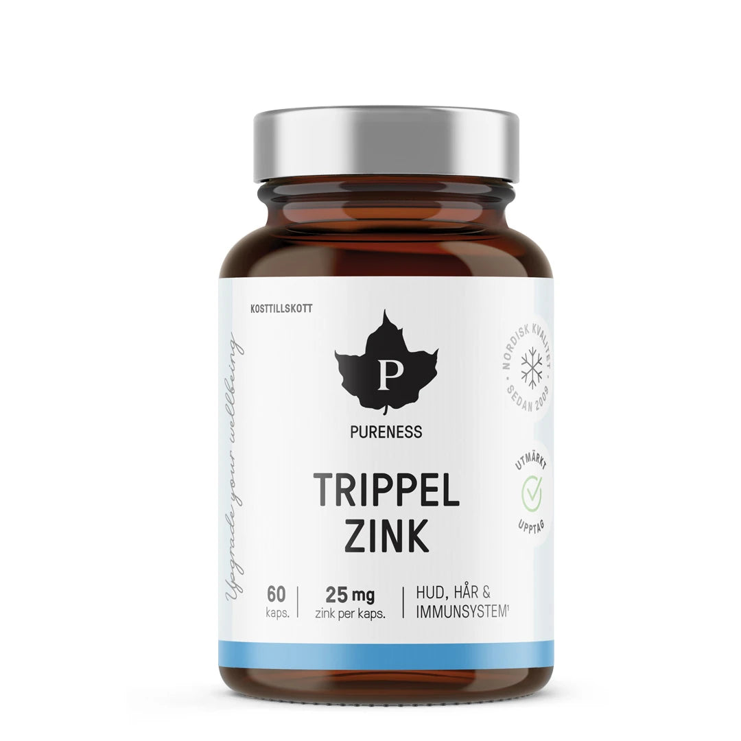 Brun glasburk med Pureness Trippel Zink 60 caps kosttillskott för hud, hår och immunsystem.