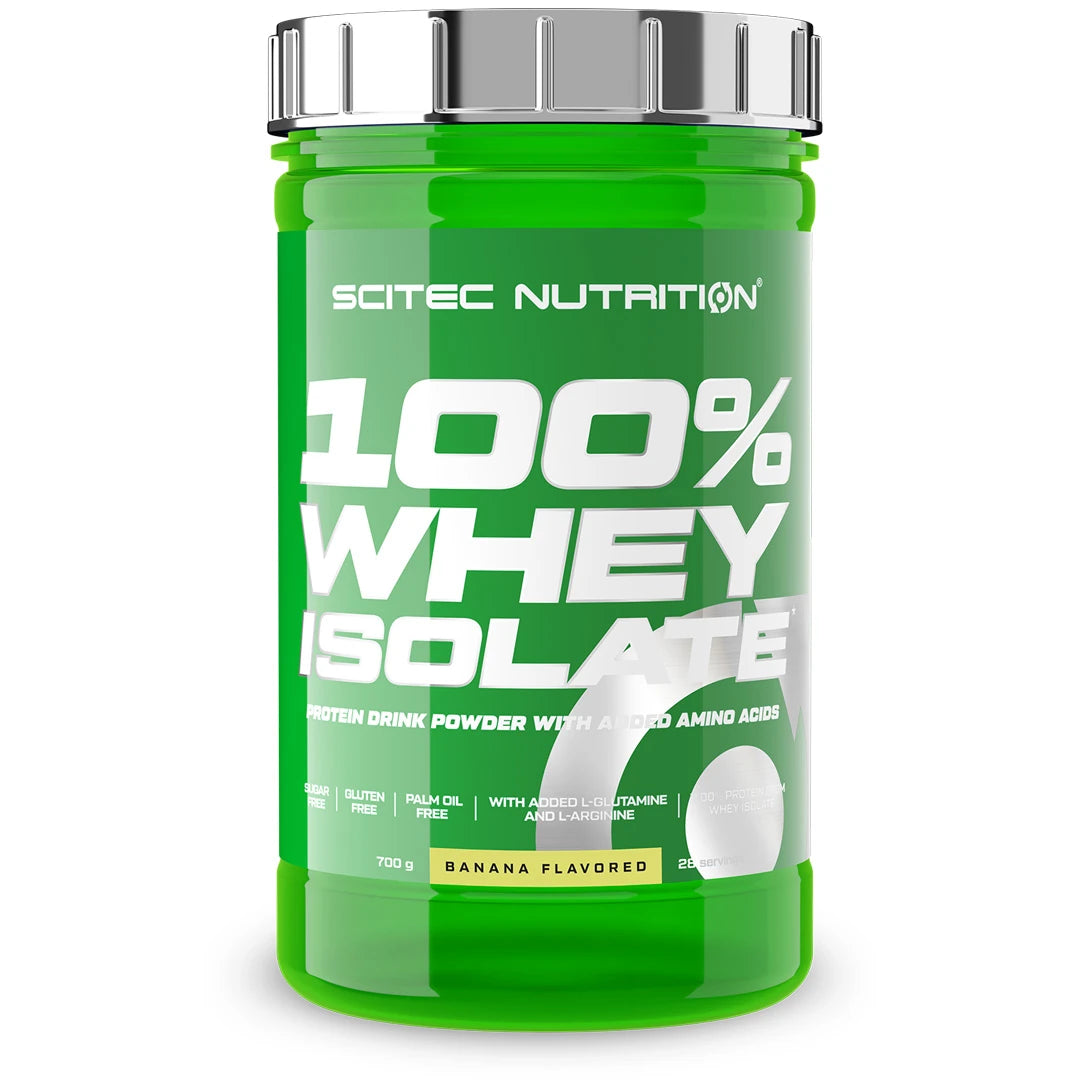 Scitec Nutrition 100% Whey Isolate 700 g proteinpulver i en grön burk med silverlock för smaken Banana.