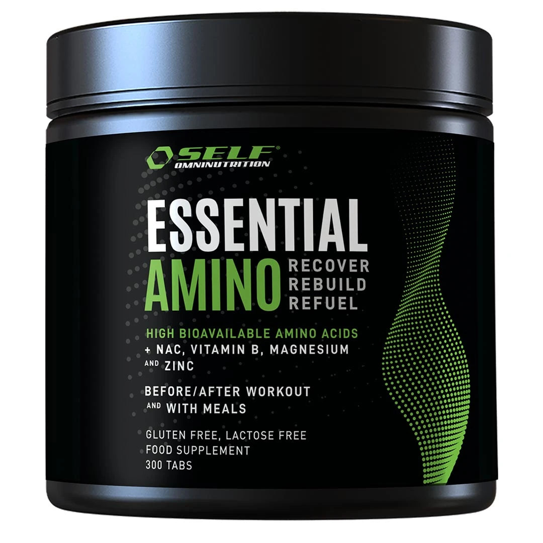 Svart burk med Self Omninutrition Essential Amino 300 tabs aminosyror i tablettform, med grön och vit text.