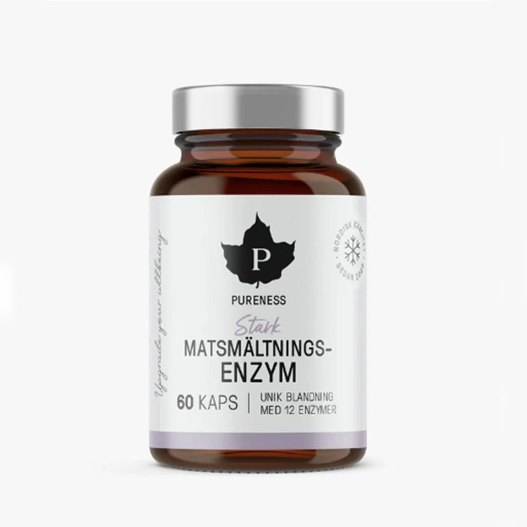 Brun glasburk med Pureness Starkt Matsmältningsenzym 60 caps för optimerad matsmältning, vit etikett med silverlock.