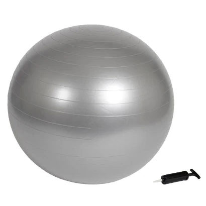 Virtufit Gym Ball + Pump 45 cm, en silverfärgad gymboll med räfflad struktur och tillhörande svart handpump.