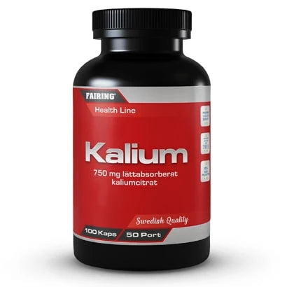 Svart burk med Fairing Kalium 100 caps mineraltillskott, framhävd av en röd etikett med silverdetaljer.