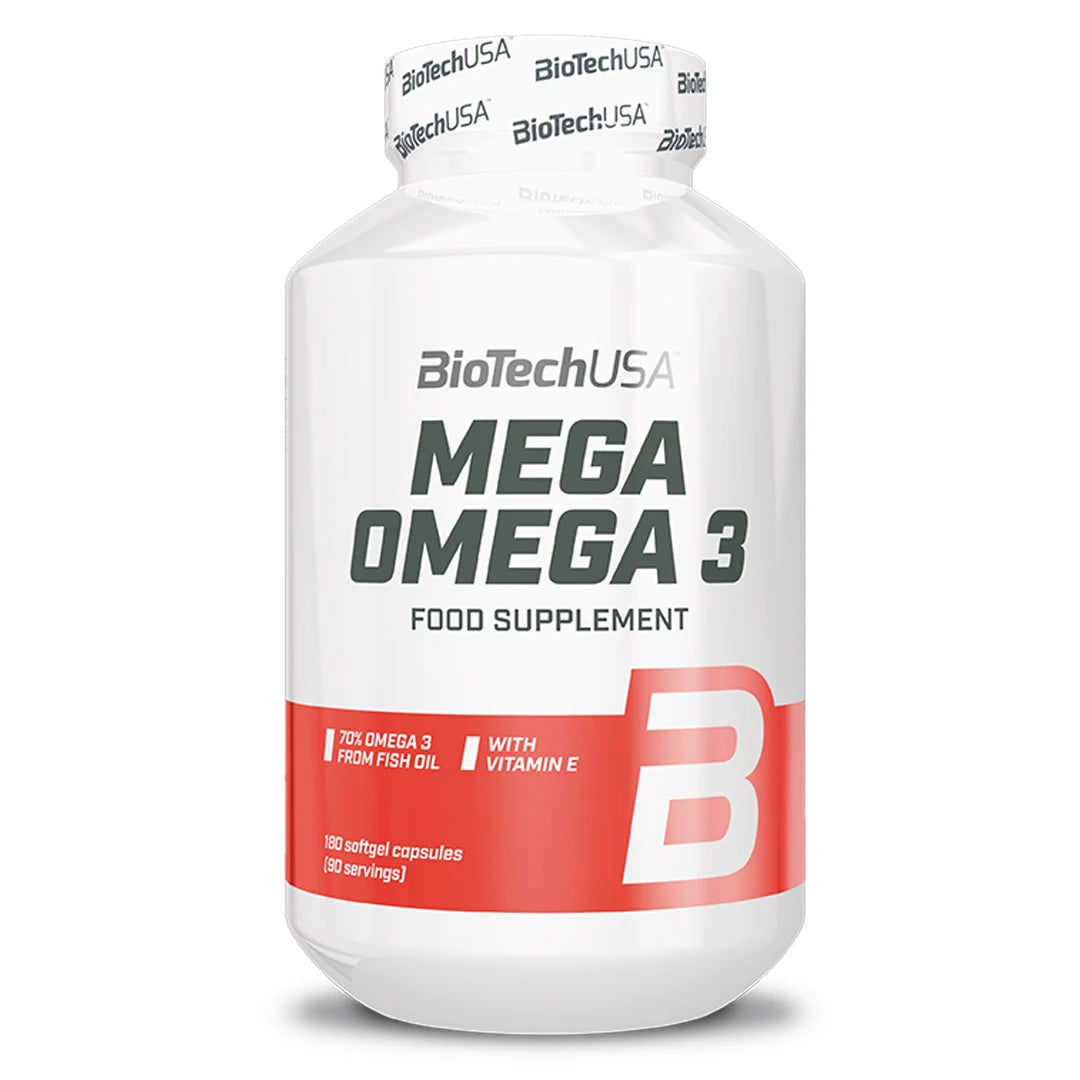 BioTechUSA Mega Omega 3 180 caps förpackad i en vit burk med röd botten och grå text.