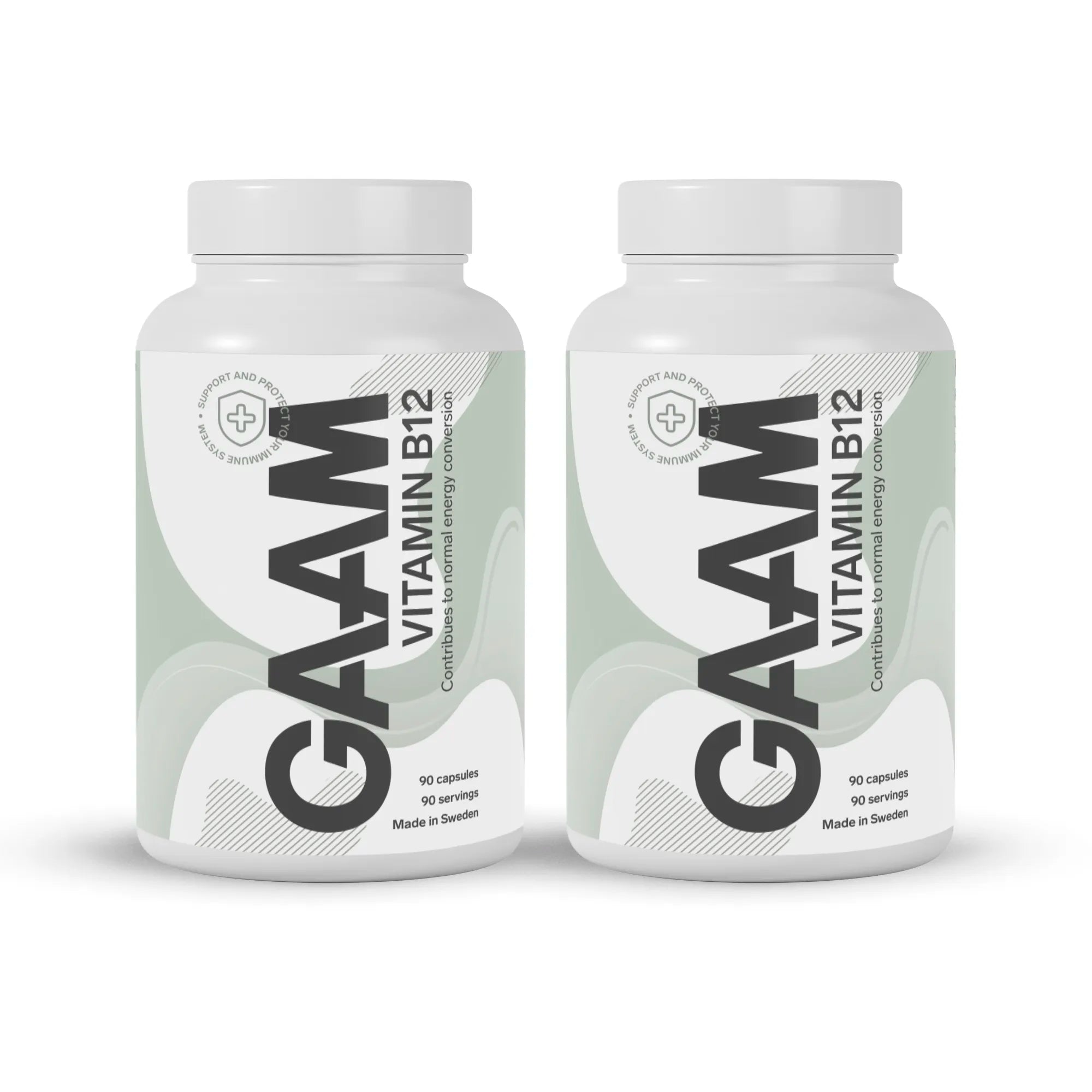2 x GAAM Vitamin B12 90 caps i två vita plastburkar med ljusgröna detaljer för ett dagligt vitamintillskott.