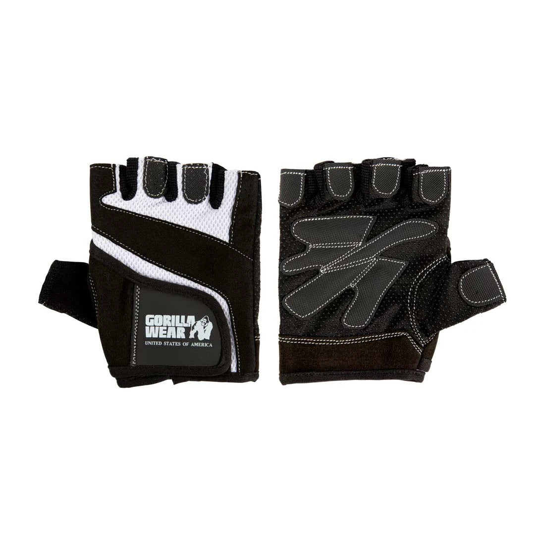 Gorilla Wear Womens Fitness Gloves Black/White, svart-vita träningshandskar med ventilerande mesh och kardborreband.