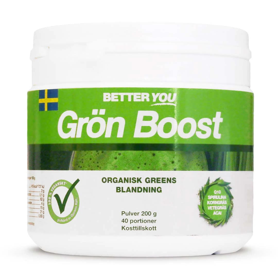 Better You Grön Boost Pulver 200 g, en vegansk greensblandning förpackad i en vit plastburk med grön etikett.