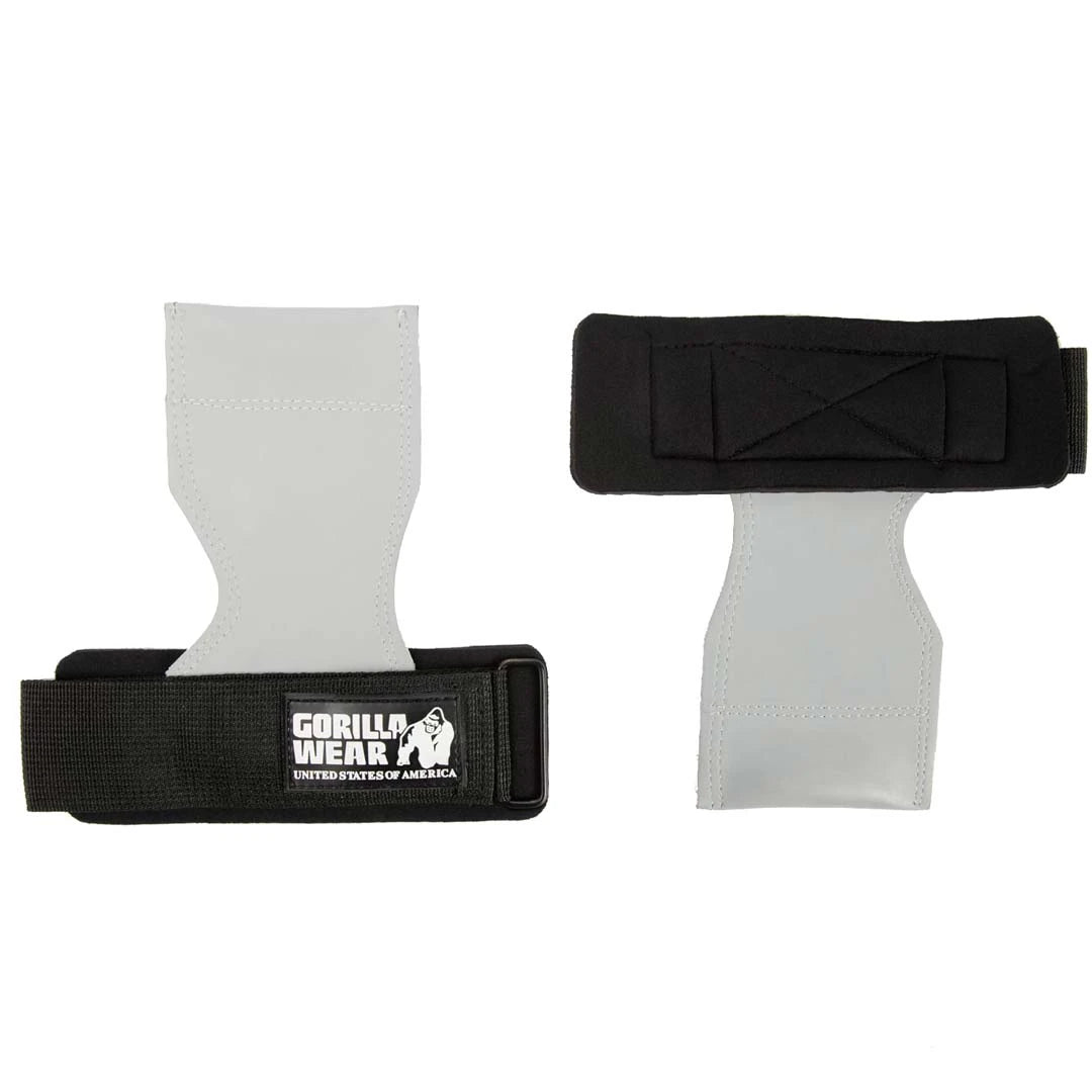 Gorilla Wear Lifting Grips Black/Grey för maximalt grepp med grå gummiplatta och svarta handledsremmar med kardborre.