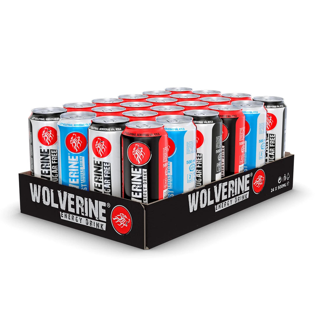 24 x Wolverine Energy Drink 500 ml Mixflak i ett svart flak med energidrycksburkar i färgerna vit, blå, röd och svart.
