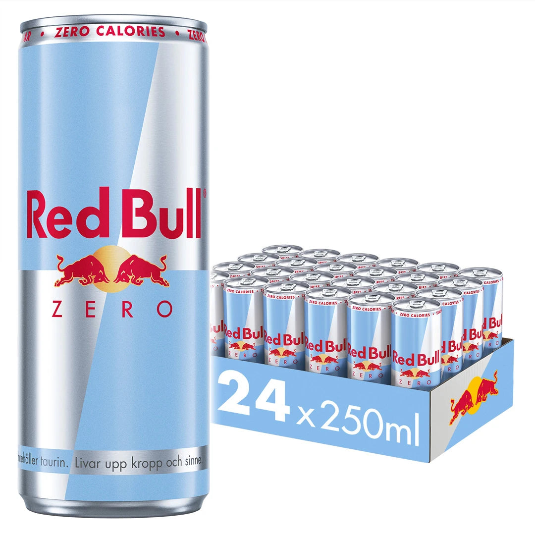 24 x Red Bull Energidryck 250 ml ZERO i ett flak med silver- och ljusblå burkar.