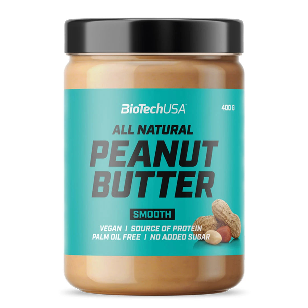 BioTechUSA Peanut Butter 400 g i en transparent burk med svart lock och turkos etikett för varianten smooth.